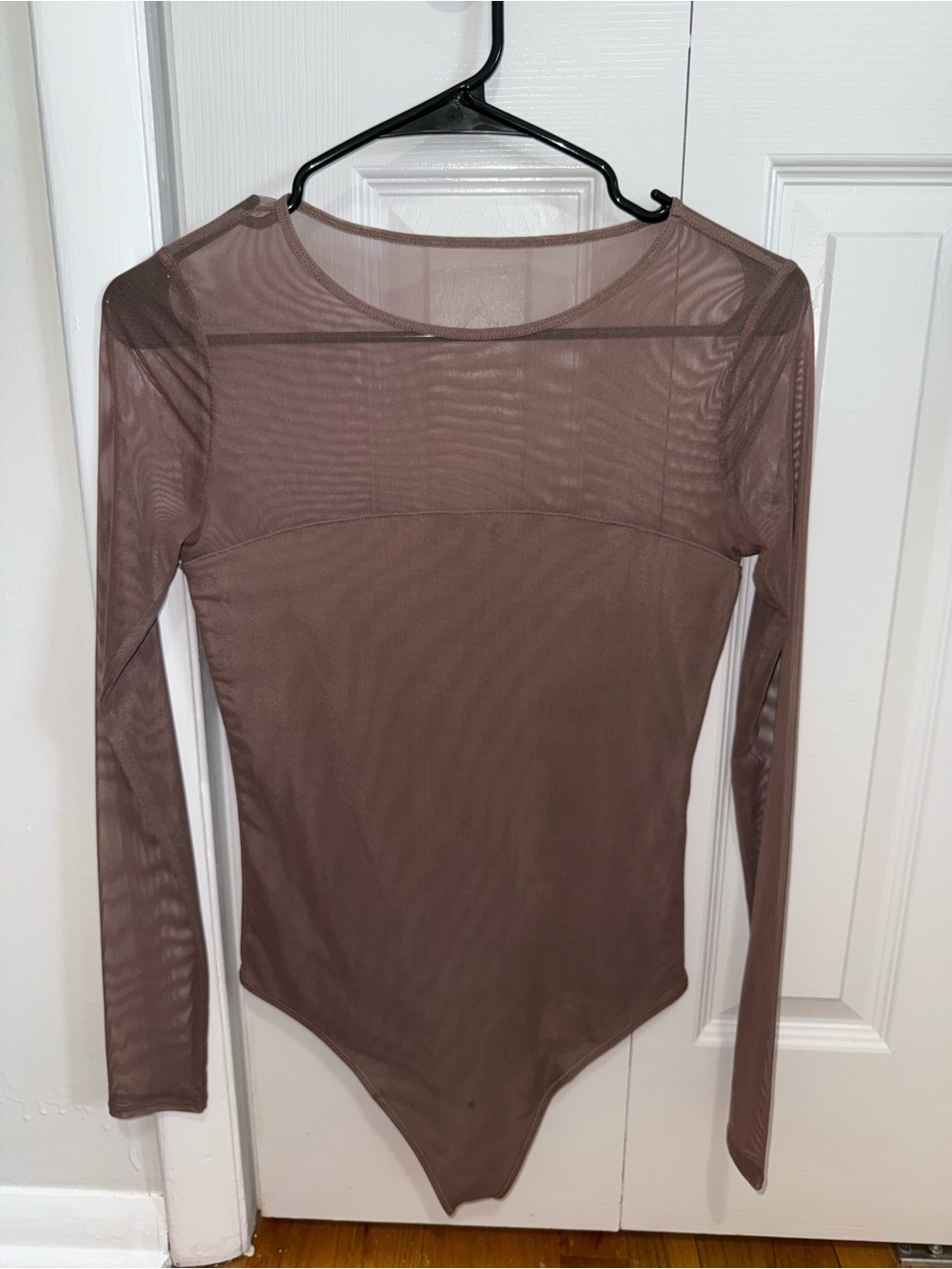 Abercrombie & Fitch Sheer Long-Sleeve Bodysuit in Taupe Brown